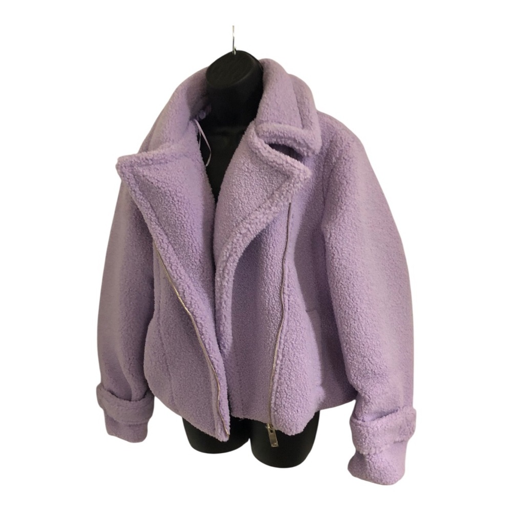 purple lavender sherpa faux fur moto style zip front coat size‎ Small brand new